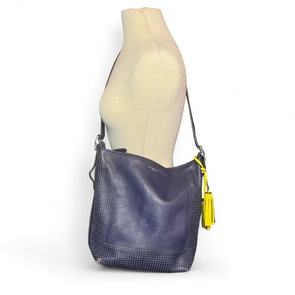2013 Coach Legacy Navy Blue and Citrine with perforated leather Hobo Tote Bag - Picture 1 of 12